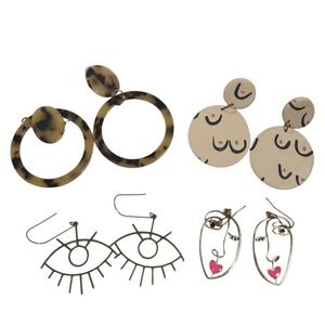 Abstract Face Body Eyes Tortoise Shell‎ Dangle Earrings Boob Polymer Set 4 Pairs